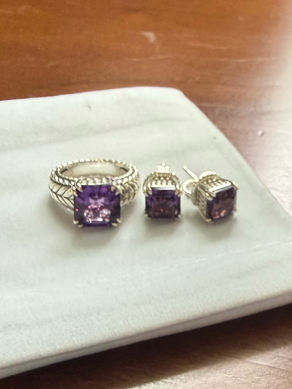 JAI Sterling Silver Asscher Cut Amethyst Gemstone Ring & Earring Set, size 5